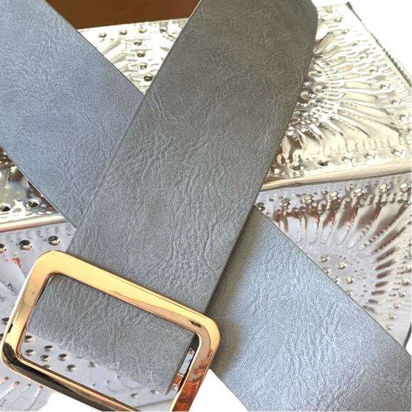 Lulu's NEW Wide Belt Gray Faux Leather Gold Tone Slip Buckle Stylish Womens - Picture 5 of 5